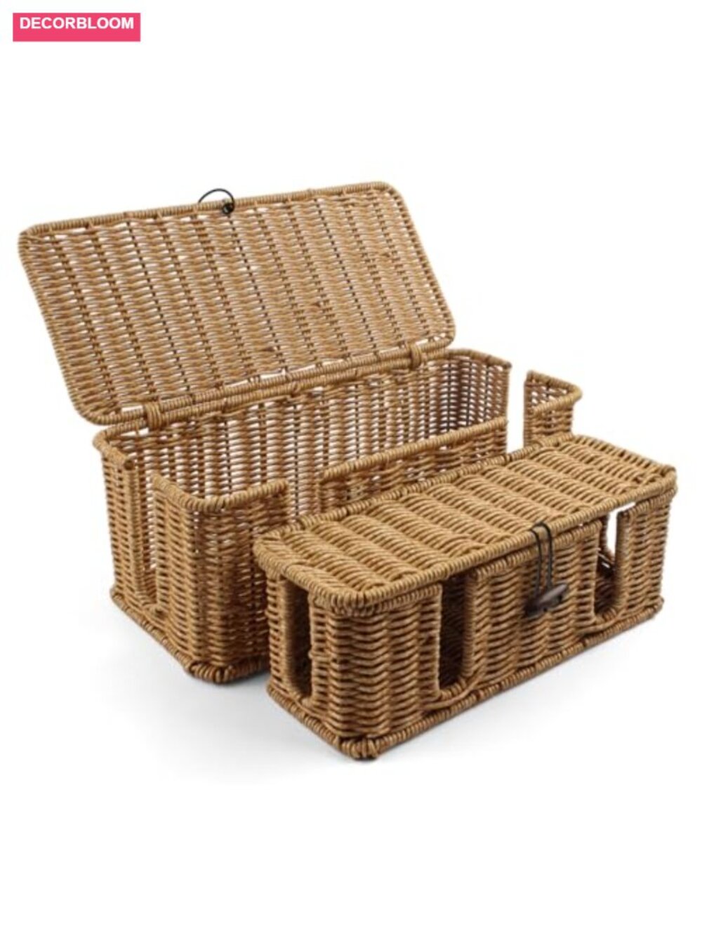 Rattan Cable Management Box Set of 2 Cord Organizer with Lid - Picture 1 of 5